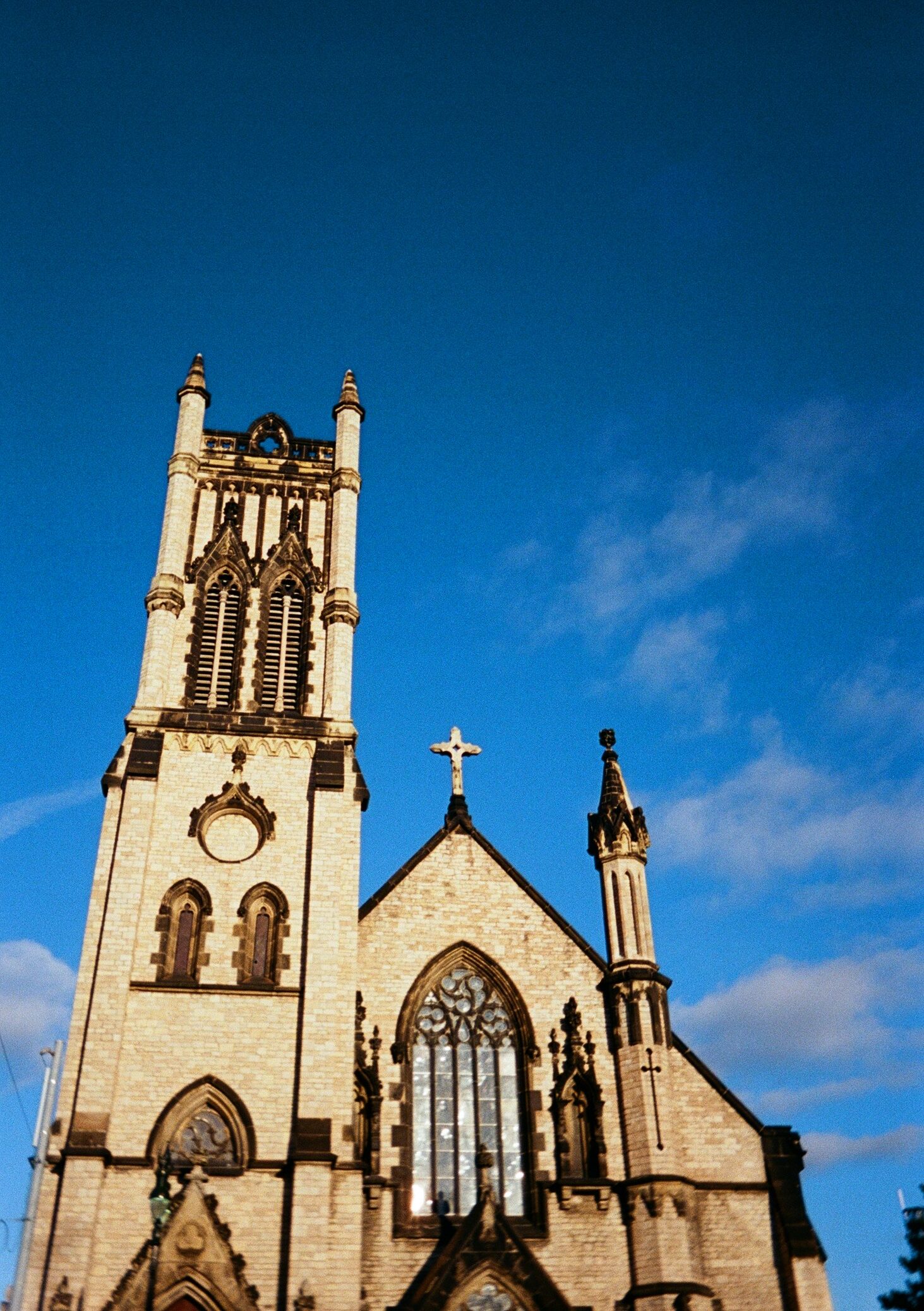 Film photo of a church during golden hour